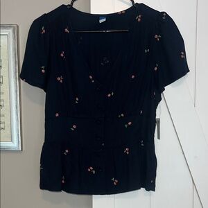 Old Navy Button Up Navy Blue Blouse with Cherry Accents